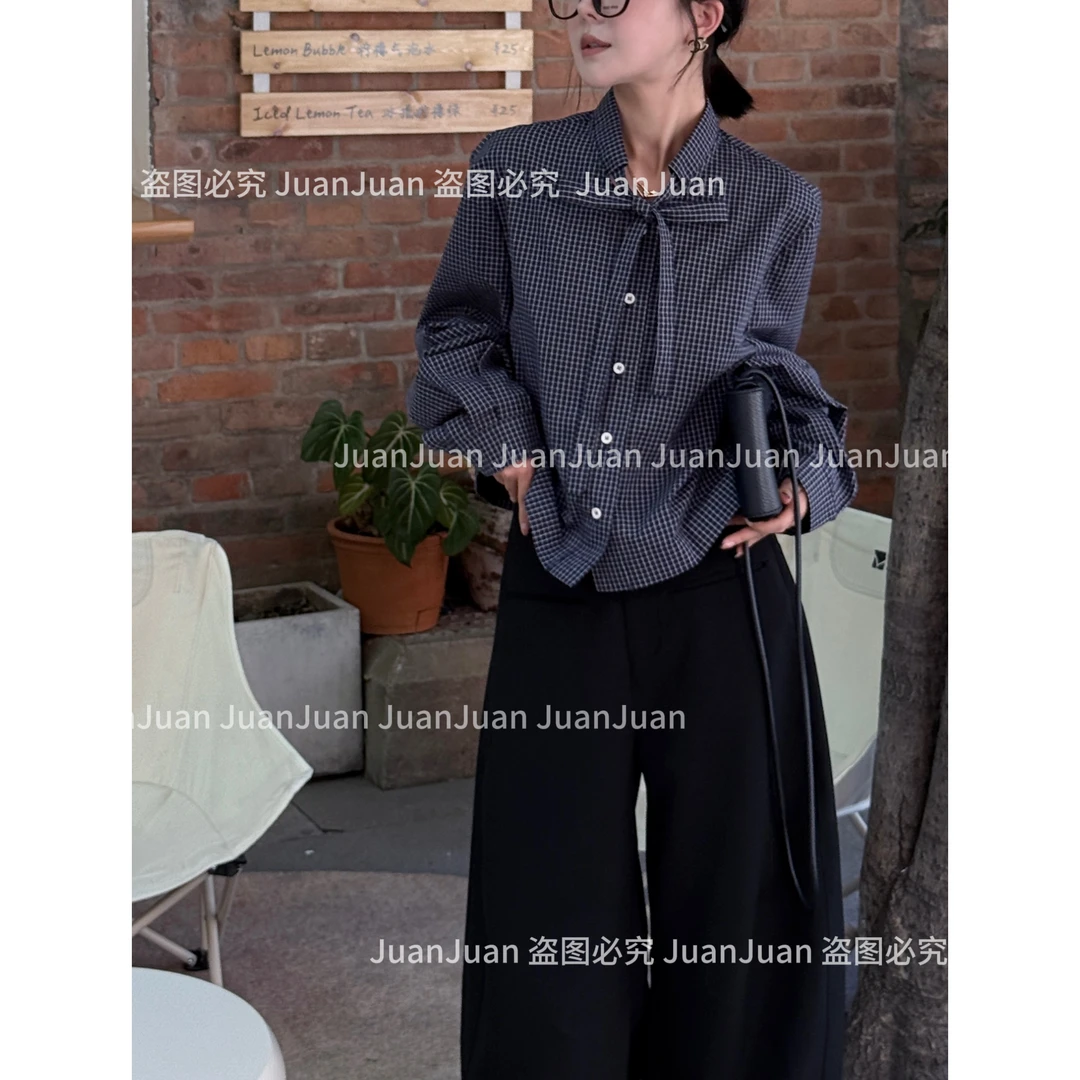 【自由古巴】秋季新品格子衬衫圆领上衣洋气