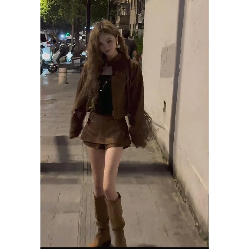 2025早秋新款女韩系穿搭修身立领短款夹克外套高腰显瘦阔腿裙裤