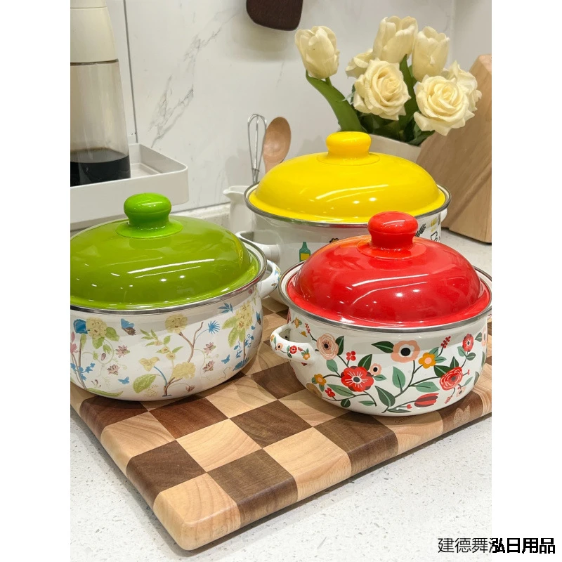 搪瓷汤锅加厚卡通搪瓷缸子家用汤锅炖锅猪油盆