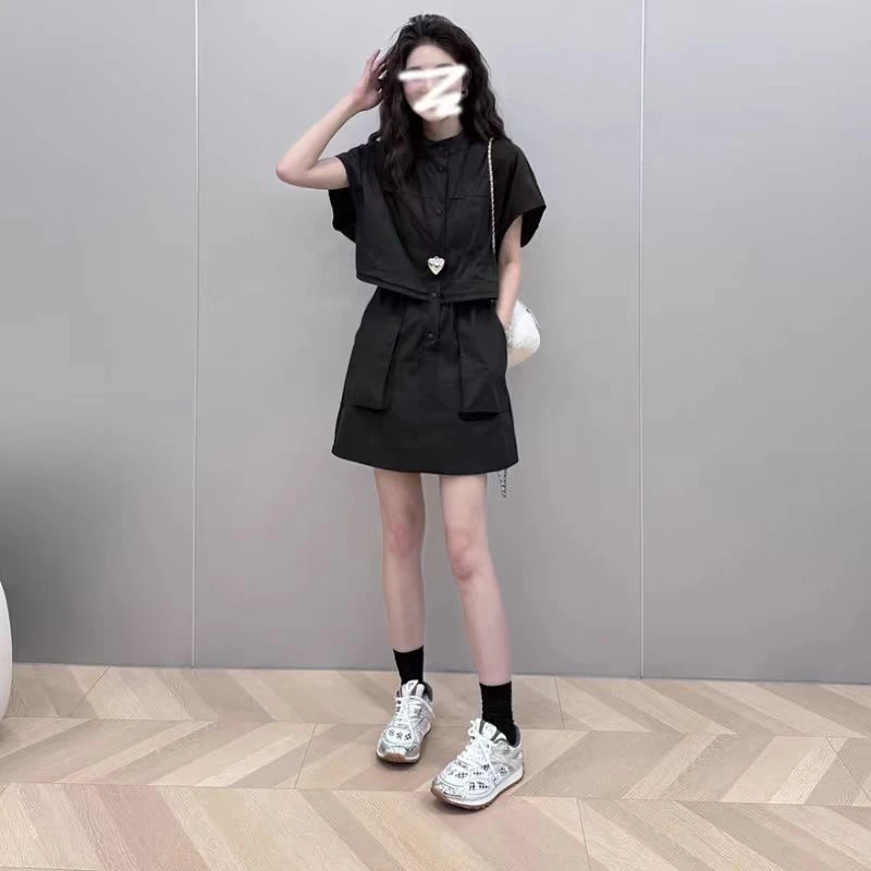 五姐大码多口袋休闲常规无袖黑色时尚不规则夏季连衣裙原宿风