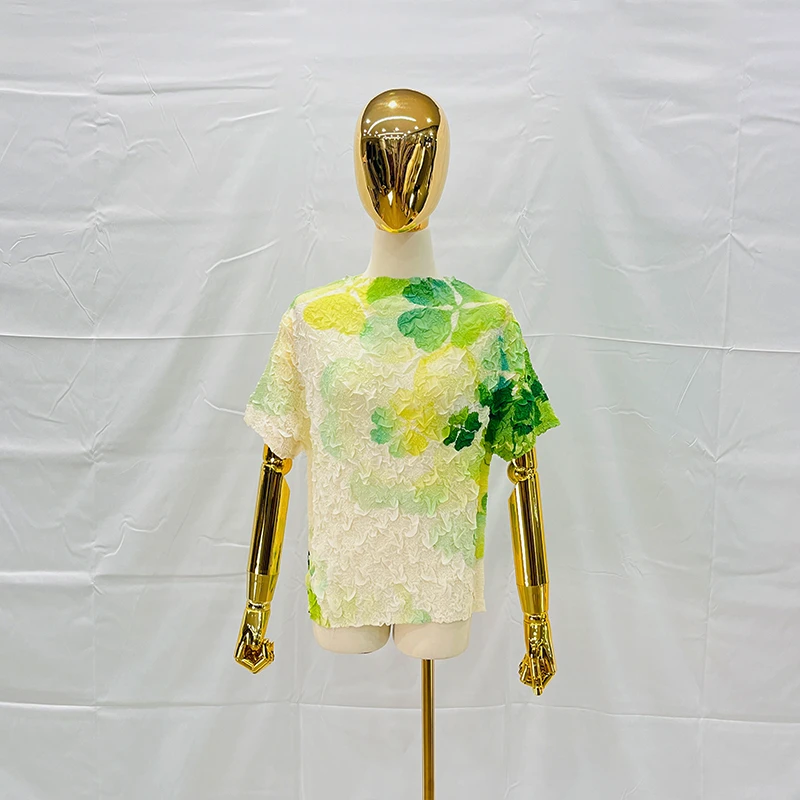 褶皱短袖印花半高领常规渐变T恤打底衫重工百搭