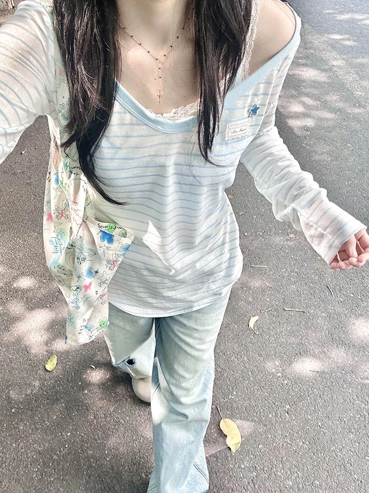 韩系甜美v领条纹罩衫t恤女夏季新款薄款宽松露肩慵懒百搭防晒上衣