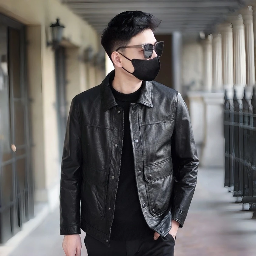 2251男士真皮休闲外套头层小牛皮翻领时尚修身中老年夹克反季皮衣