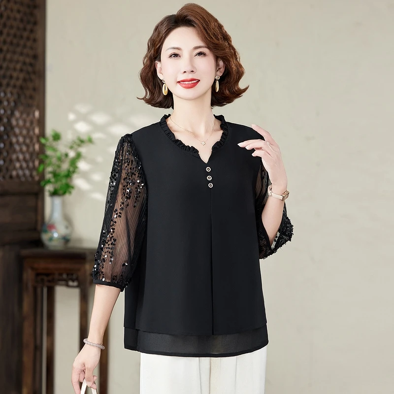 2025春夏季七分袖纯色上衣妈妈时尚雪纺小衫中年妈妈端庄大气上衣