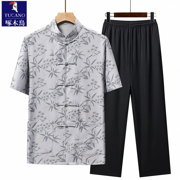 TUCANO/啄木鳥中老年唐装男爸爸夏装套装老年人衣服款爷爷短袖中