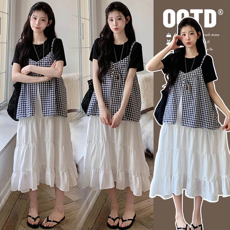 【安安】孕妇装夏季格子吊带裙子+上衣减龄洋气时尚孕妇连衣裙夏装