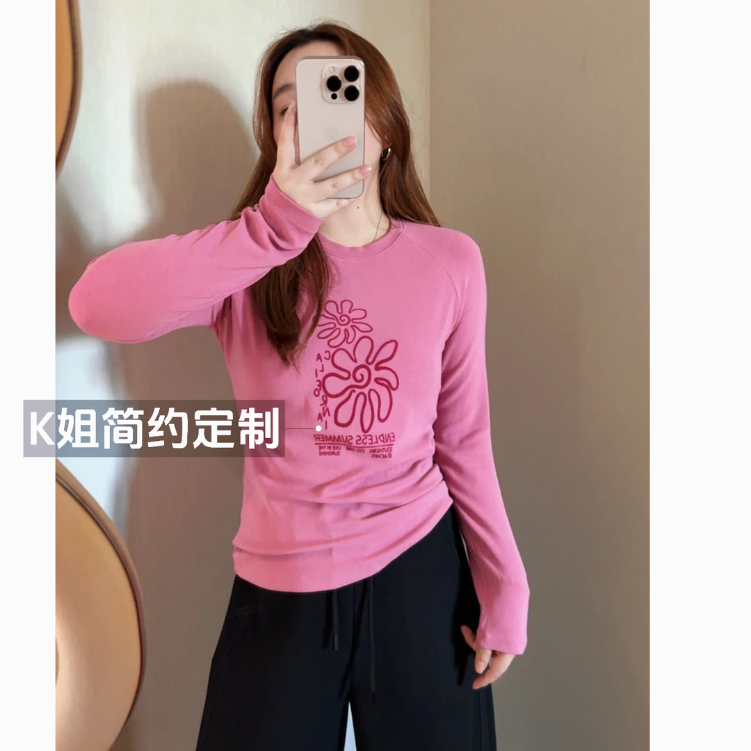 GTNER"KK定制"早秋新款植绒花朵打底衫圆领显瘦正肩长袖T恤D2131