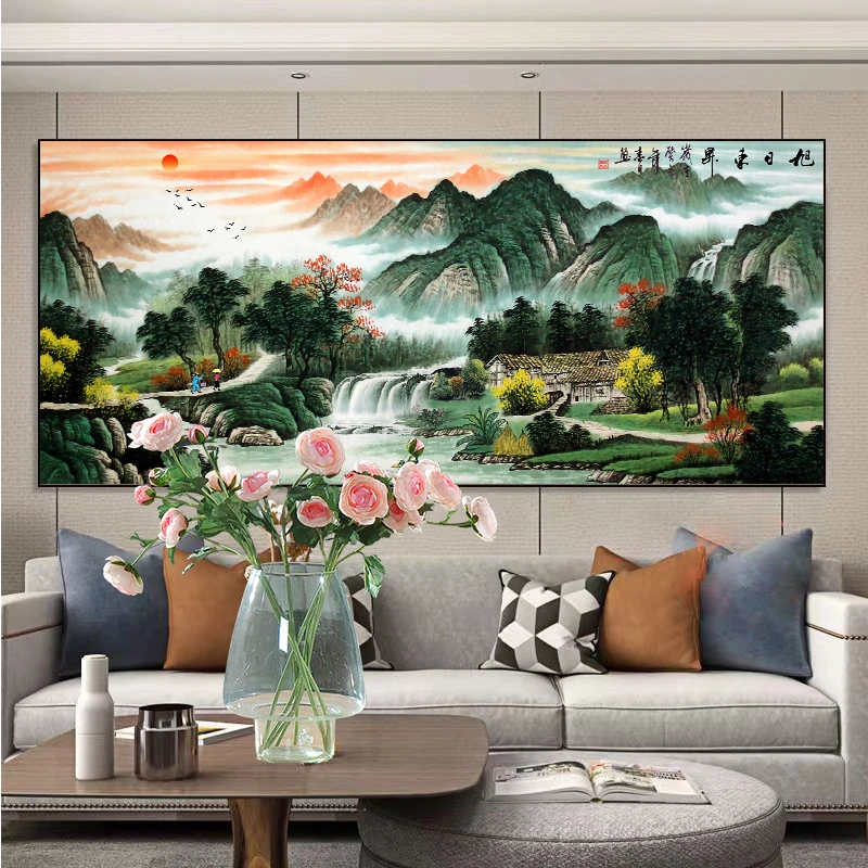 新款风景画满绣十字绣旭日东升流水生财客厅办公室大气手工线绣
