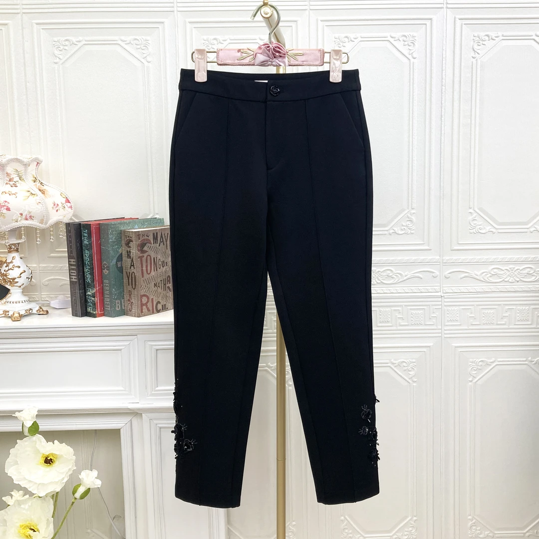 粉红家春秋通勤加绒裤休闲裤保暖AMW2311黑色铅笔裤