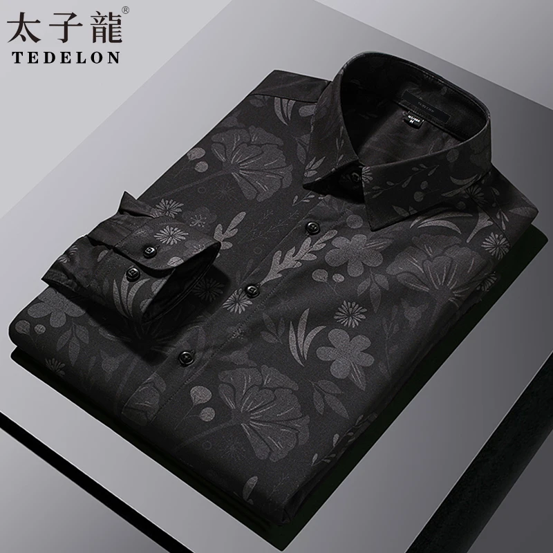 TEDELON/太子龙男士长袖衬衫春秋季轻商务高档印花中国风休闲衬衣