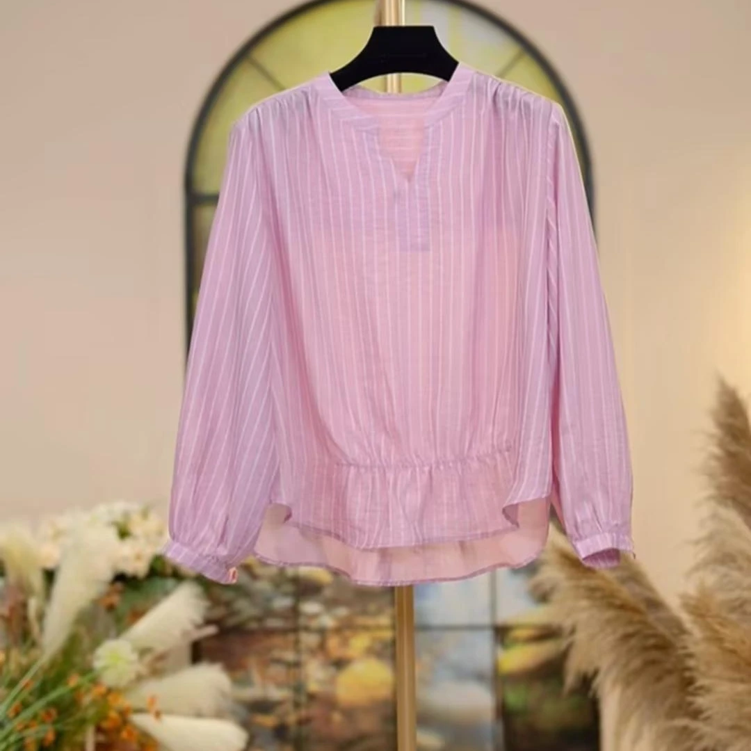 【顺顺】清凉一夏竖条纹设计宽松显瘦休闲气质时尚捏褶上衣
