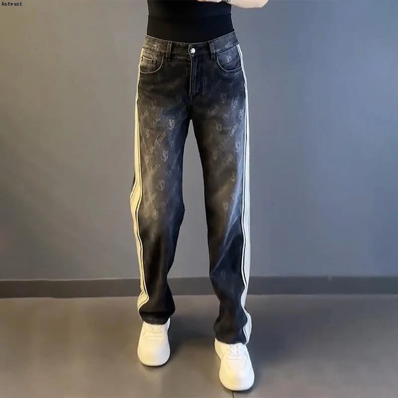 轻奢男装大码男士新款垂感宽松春秋冬季织带时尚休闲直筒牛仔裤子