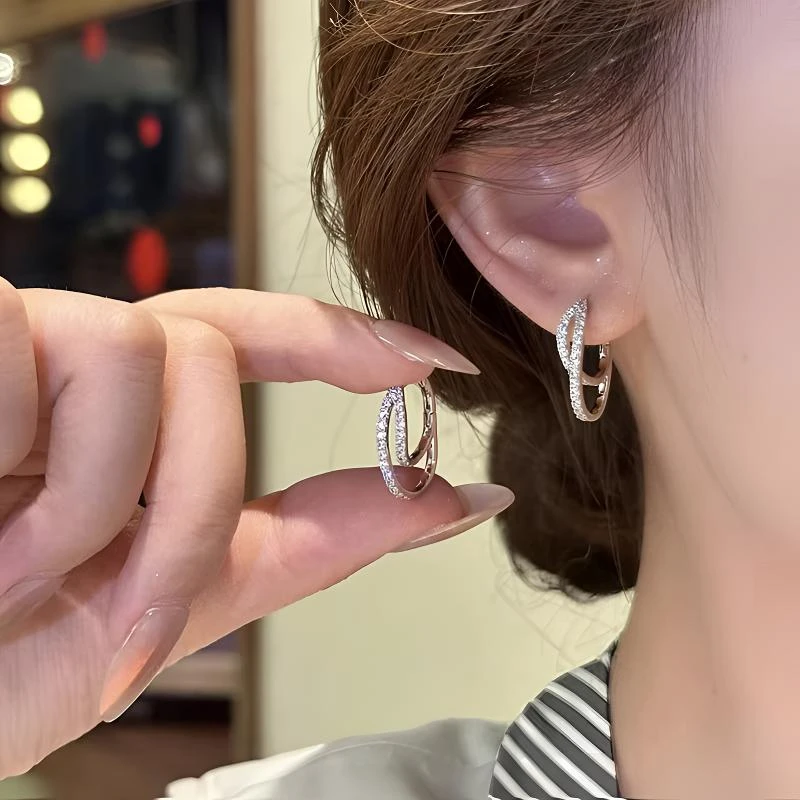 铜合金耳饰  轻奢银色双层交叉耳扣女耳环2025新款气质高级感耳饰