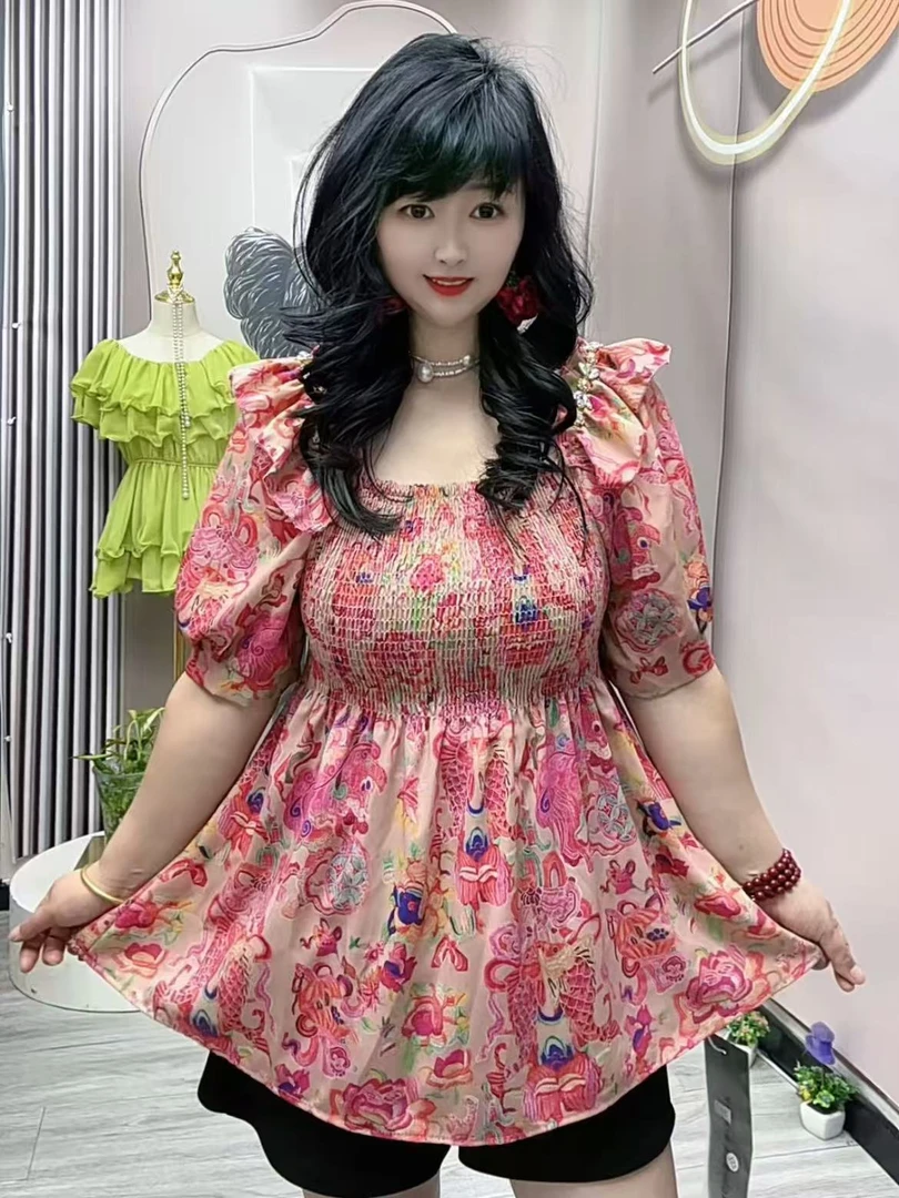 岚岚大码女装夏季新款法式复古胖mm圆领甜美减龄洋气女神衫2507