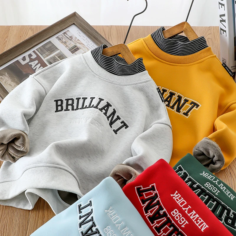 男童立领加绒卫衣2025新款秋冬季儿童时髦保暖假两件上衣中大童潮