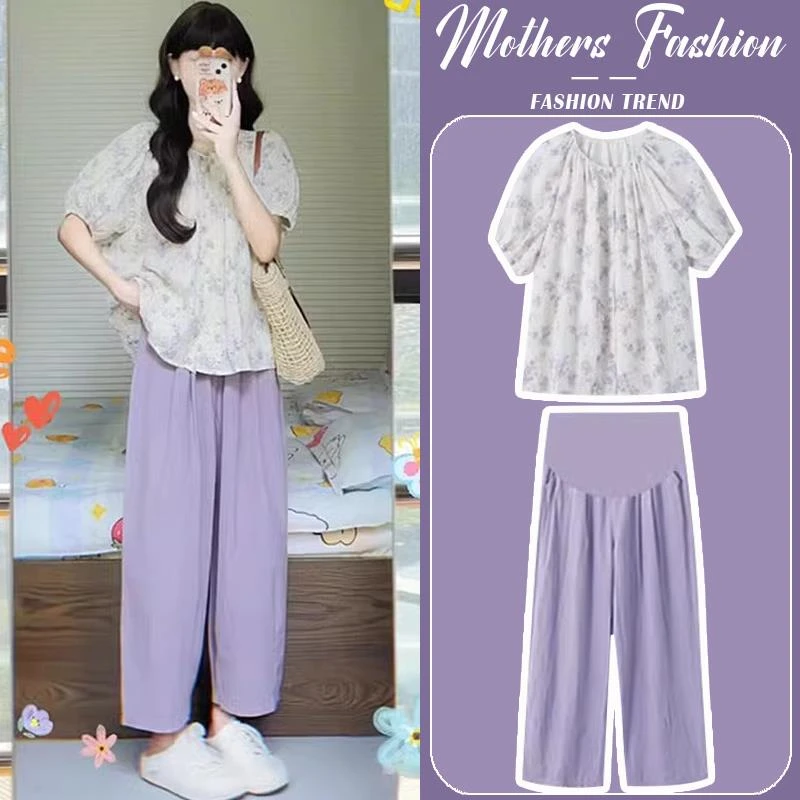孕妇夏2025新款宽松显瘦碎花薄款泡泡短袖衬衫上衣裤子两件套