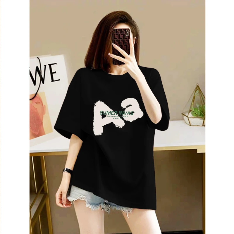 夏季新款潮牌纯棉短袖恤女字母印花慵懒风宽松设计感百搭休闲上衣