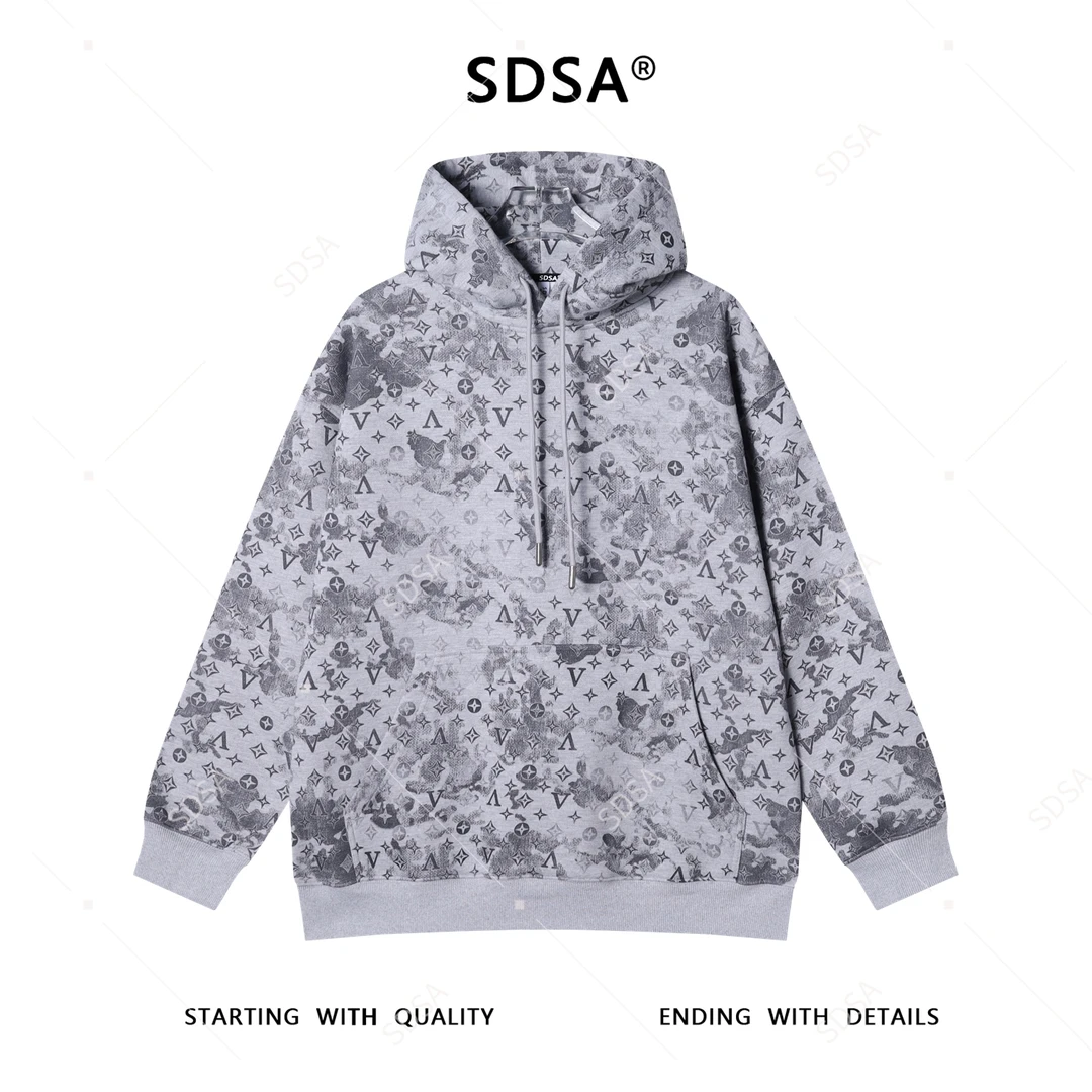 SDSA男士秋冬新款痞帅男装宽松撞色满印字母抽绳连帽卫衣百搭舒适
