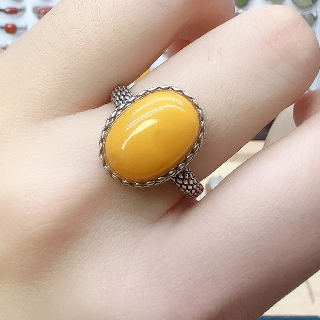 蜜蜡银S925镶嵌戒指，