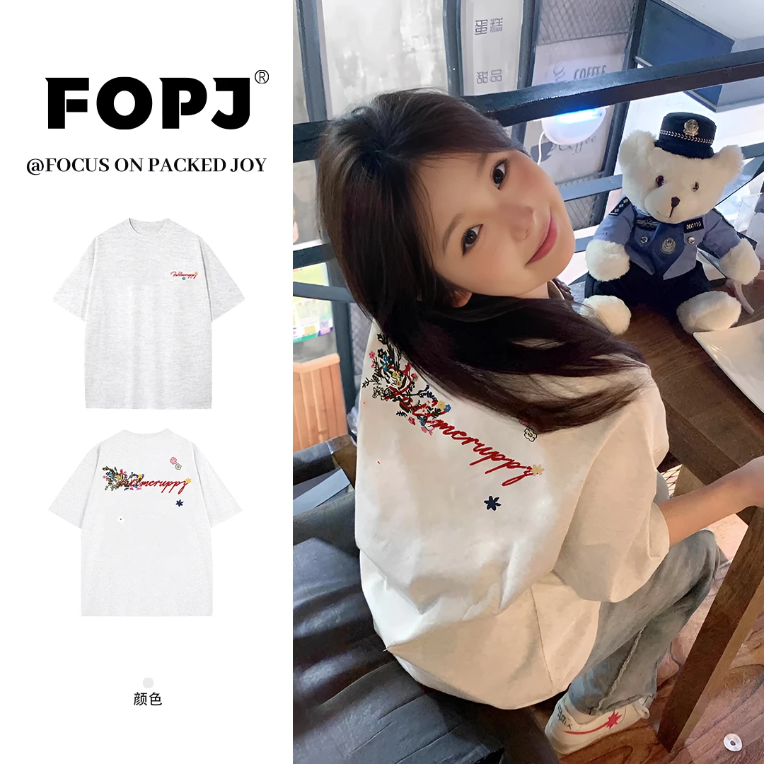FOPJ夏季慵懒风百搭休闲短袖t恤女花卉印花美式潮流圆领半袖上衣