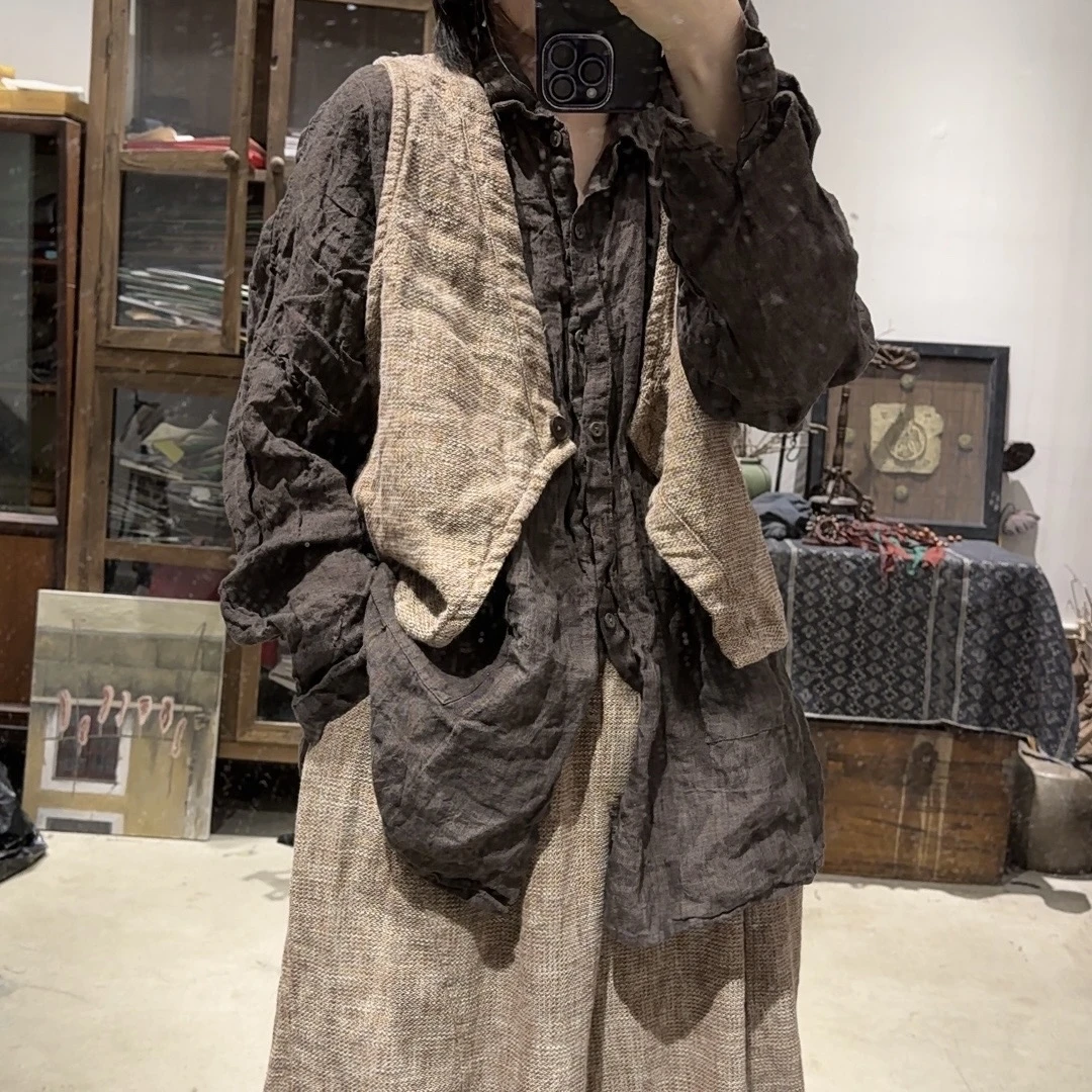 SN136色织肌理感亚麻复古马甲休闲百搭