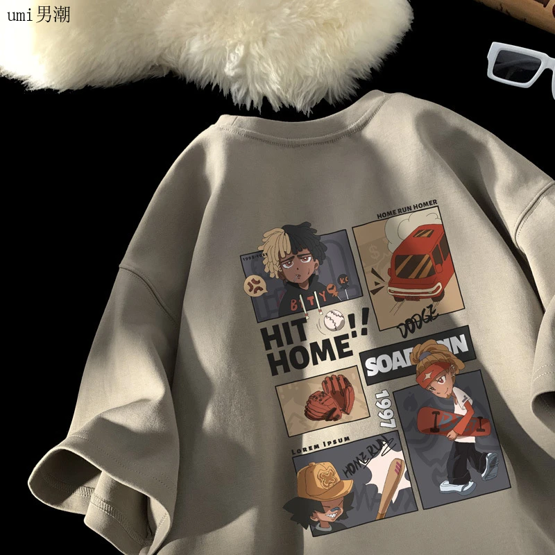 港风宽松纯棉短袖体恤夏季潮牌卡通印花男士ins风半袖打底衫上衣