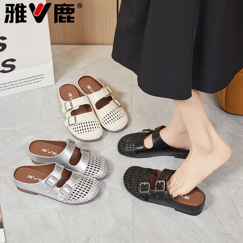 V/雅鹿[2583]夏季2025新款包头半拖软底软面编织舒适百搭凉鞋JZ