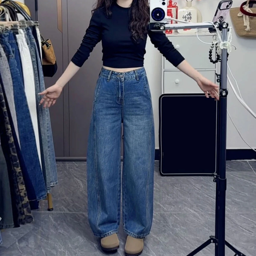 冬季加绒弯刀牛仔裤女小个子穿搭2025新款高腰宽松美式香蕉阔腿裤