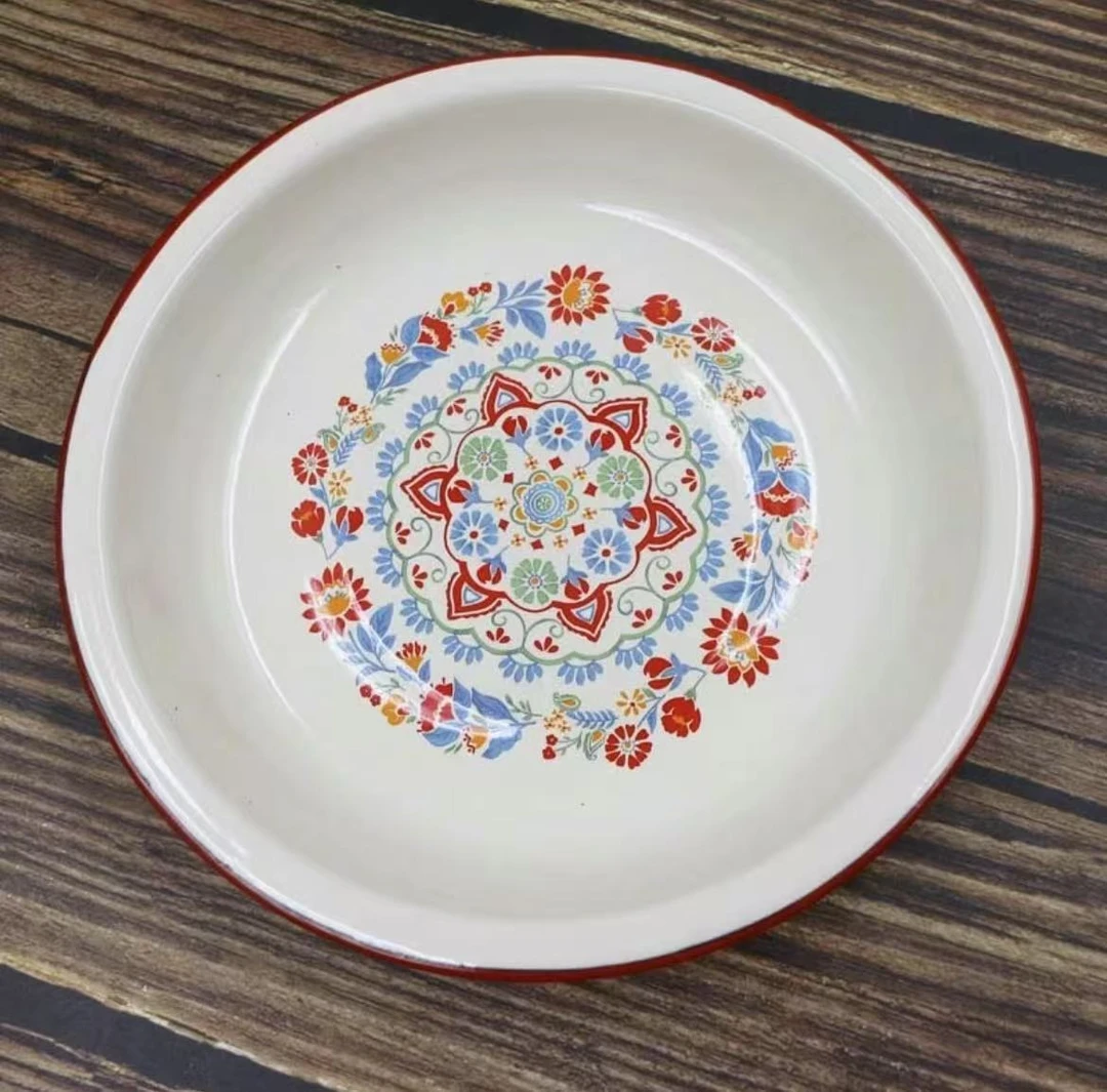 22公分粉莲花搪瓷菜盘微瑕（下单必看详情图，介意勿拍）