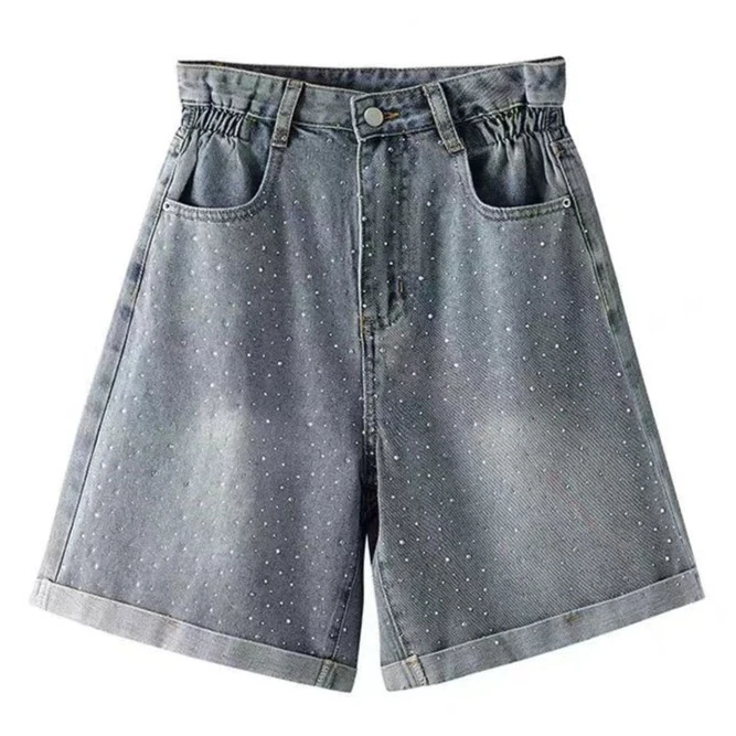 7002夏季卷边满天星烫钻A字高腰牛仔裤直筒阔腿牛仔短款短裤