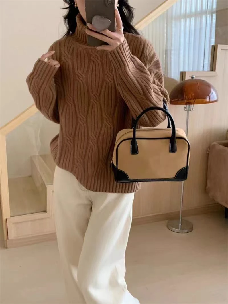 秋冬季羊毛长袖针织时尚百搭女装高领宽松加厚保暖秋季女士纯色