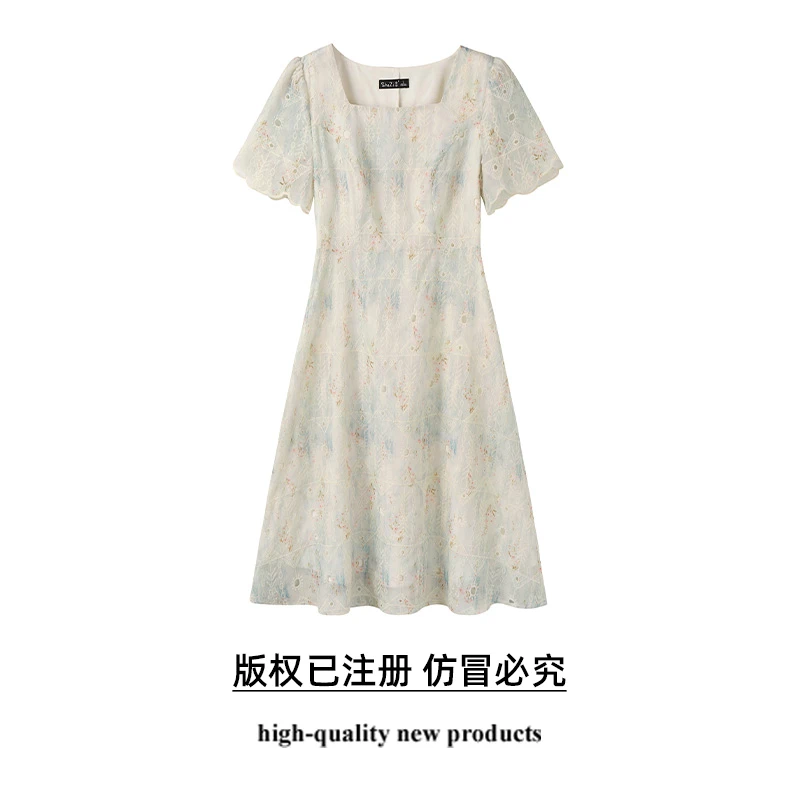 奢姿大码女装2025夏季气质方领连衣裙胖妹妹印花设计时尚通勤裙子