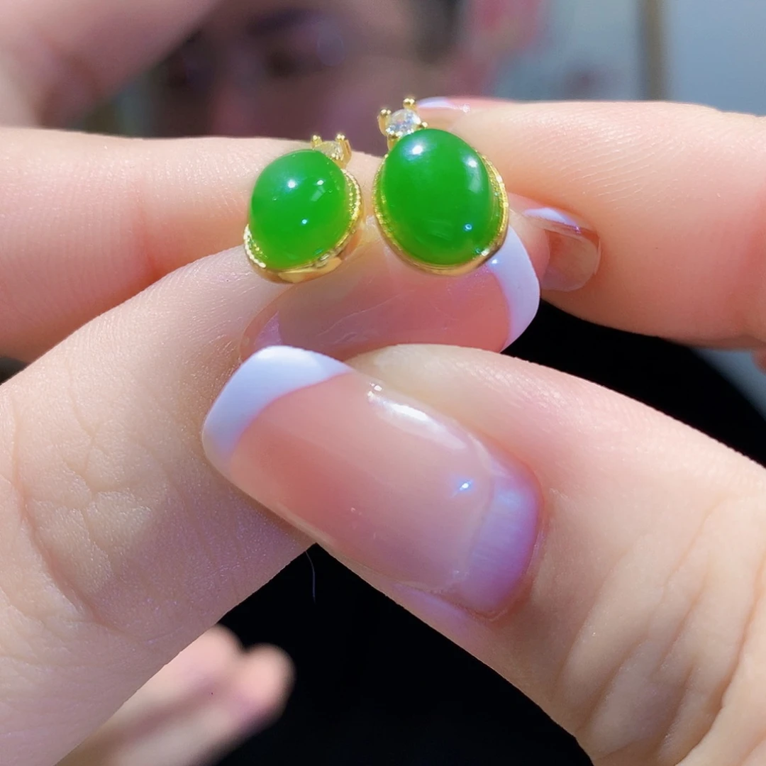 和田玉（碧玉）耳饰银S925镀金镶嵌