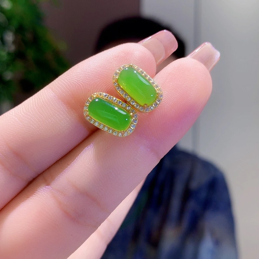 和田玉（碧玉）银S925镀金镶嵌耳饰