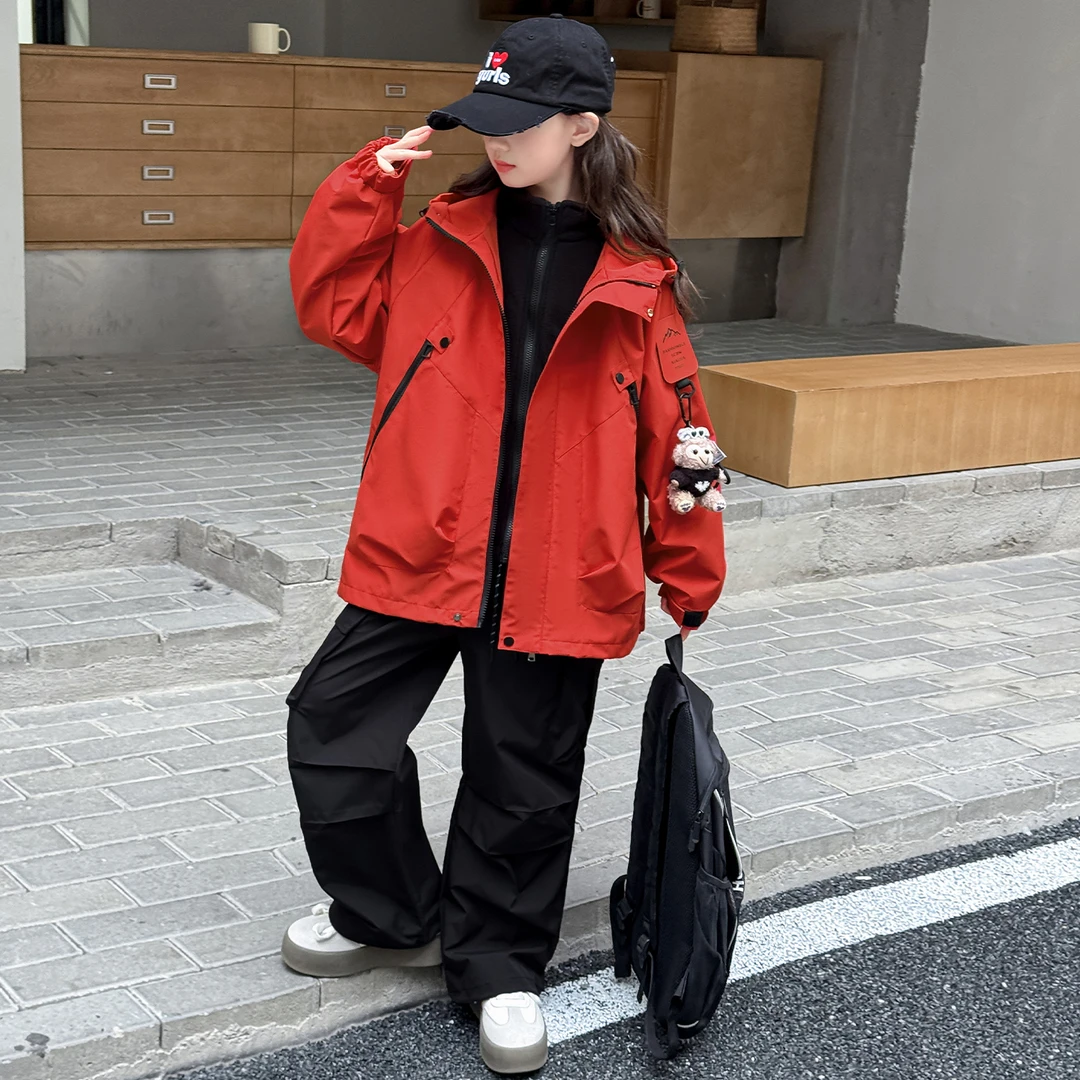 女童冲锋衣三合一2025新款秋冬洋气时髦中大童摇粒绒内胆连帽外套