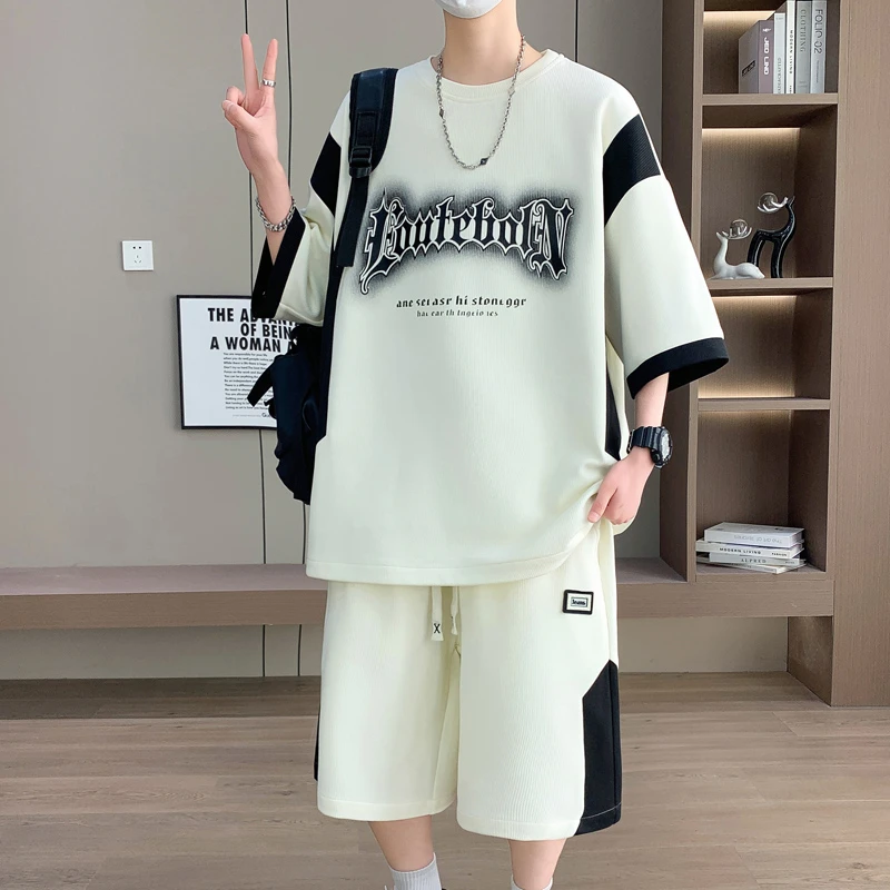 2025夏季冰丝短袖T恤套装男青少年潮流学院风百搭休闲运动两件套