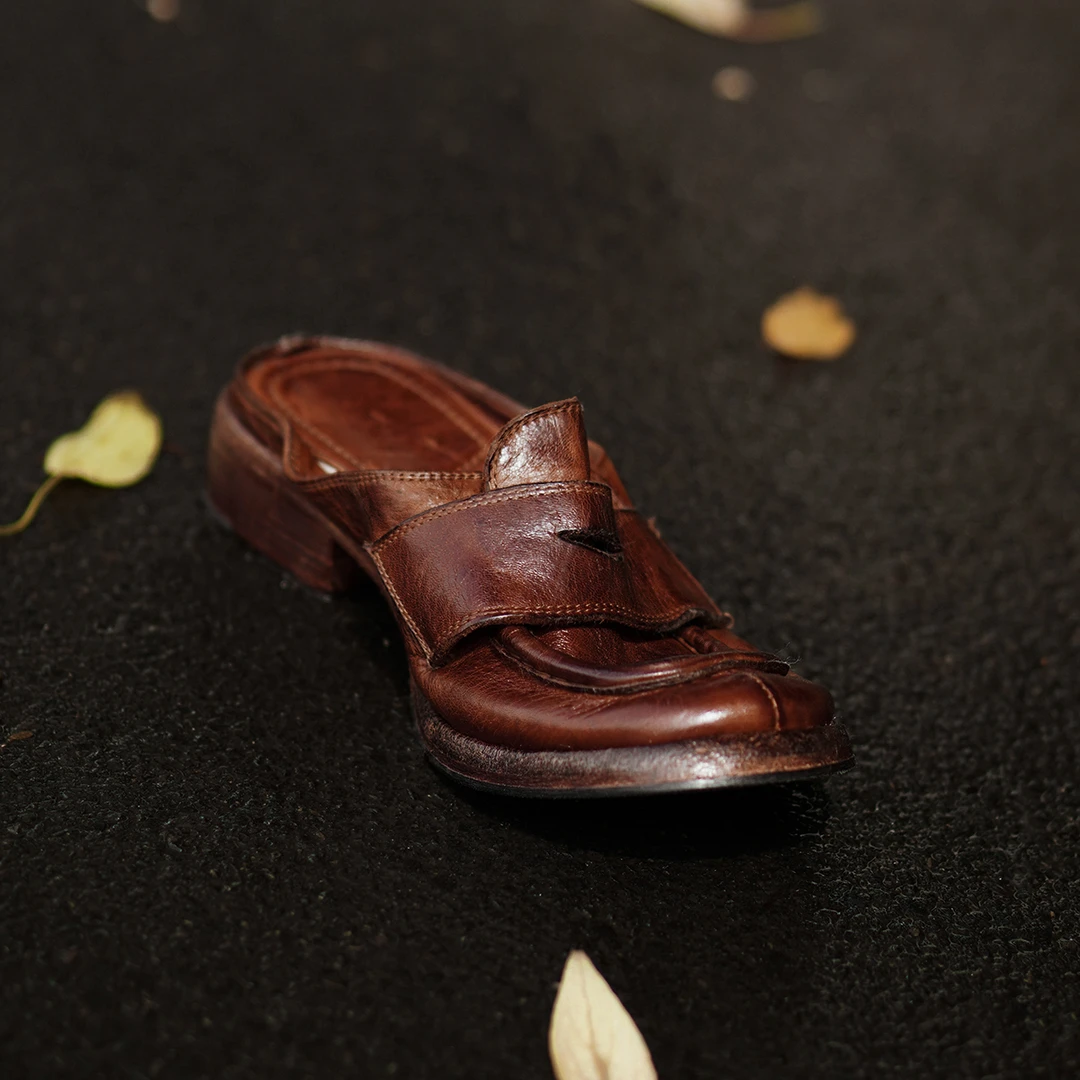 水洗马皮包头夏季半拖女鞋爆款外出穆勒拖英伦风低跟拖鞋女鞋百搭