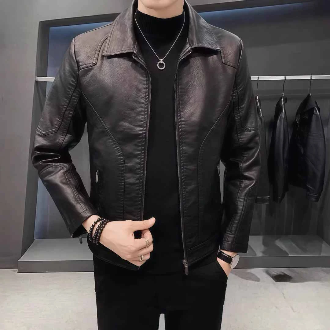 高档海宁皮衣男士潮牌机车服外套春秋冬加绒痞帅休闲百搭皮夹克