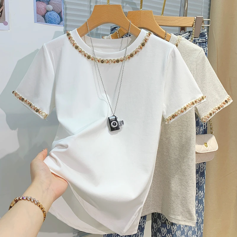 重工串珠短袖t恤女夏季韩版设计感别致独特漂亮小衫宽松圆领上衣