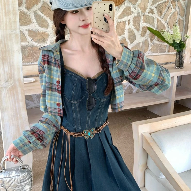 C-3861大码夏季新款百褶牛仔花边a字裙+格纹外套套装