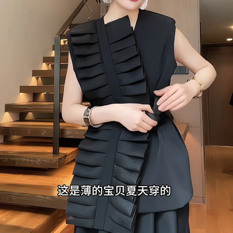 欧货暗黑风小众立体花卉马夹春夏新款设计感收腰网纱拼接无袖坎肩