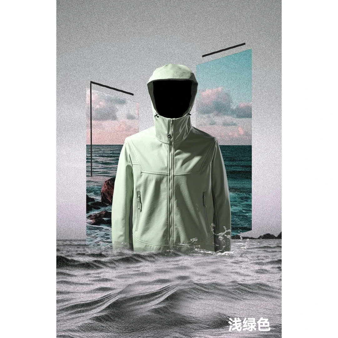 绿野行者-浅绿色 户外机能三防软壳连帽冲锋衣情侣夹克24188