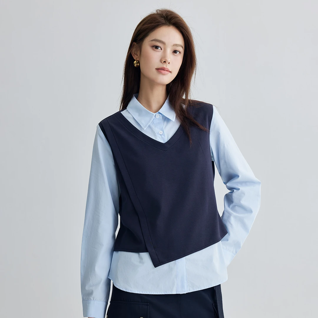 【茵曼女装】茵曼假两件叠穿衬衣设计感别致衬衫上衣F18438539