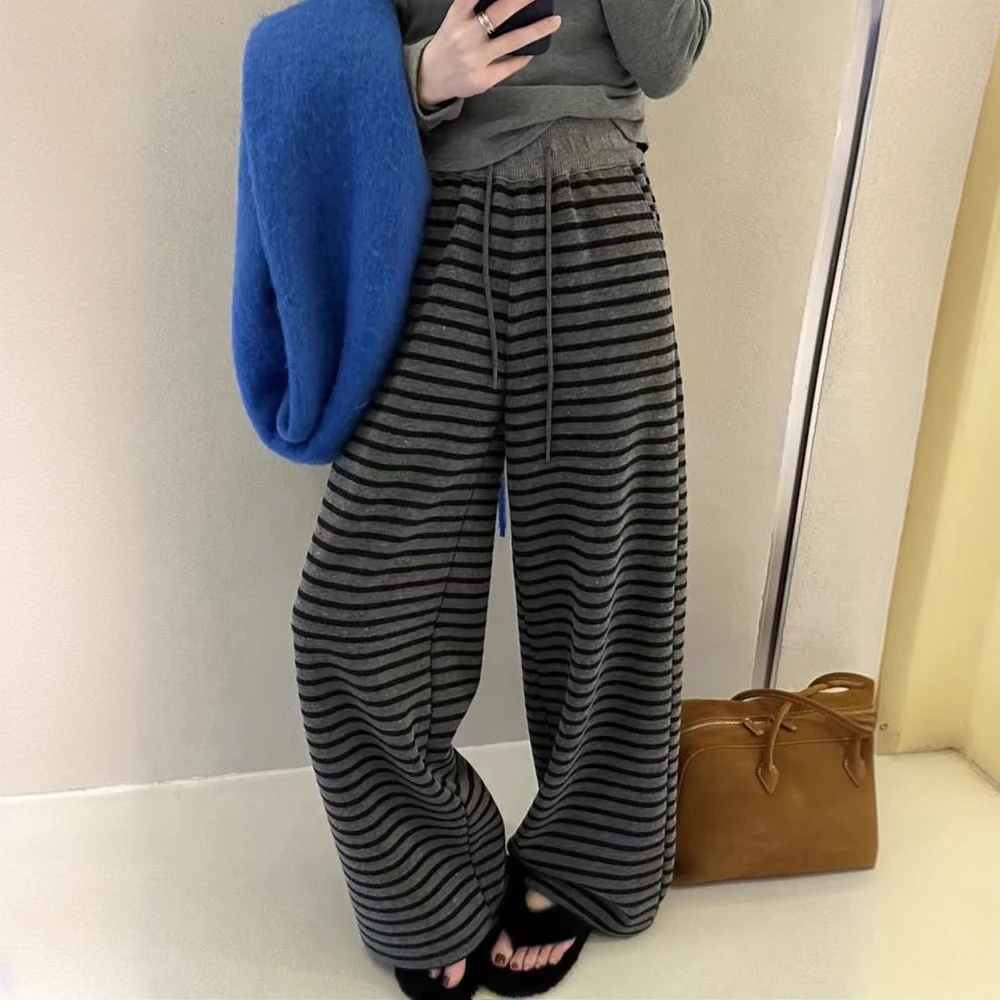 【条纹裤】春款新品高腰小众百搭宽松显瘦条纹裤时髦慵懒拖地裤