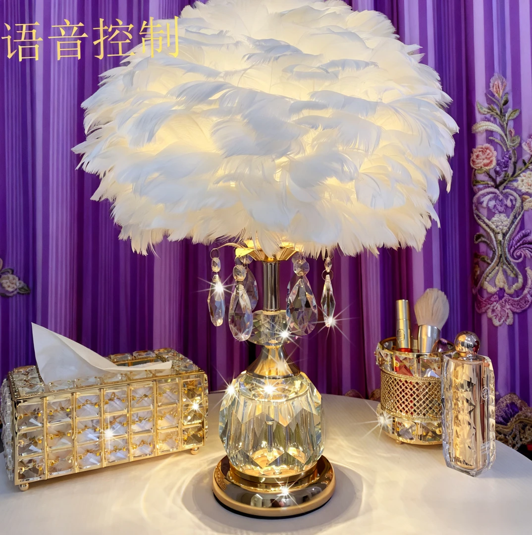 新款2025羽毛水晶台灯卧室床头柜化妆台轻奢高档奢华氛围灯台灯