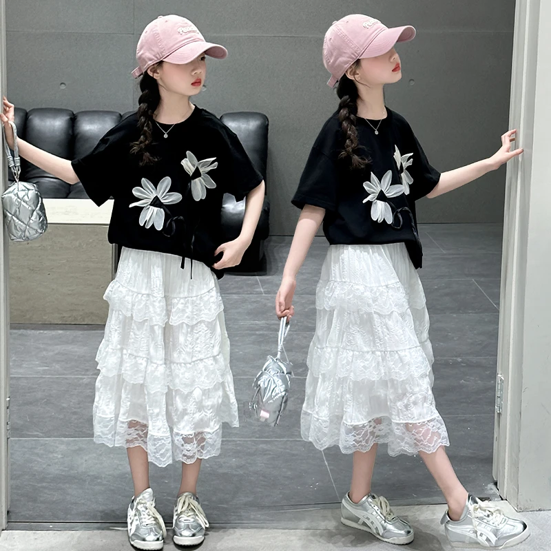 女童夏季套装2025新款大童夏装花朵短袖套裙儿童夏天半身裙两件套