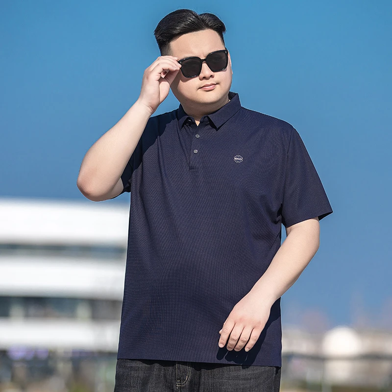 OUXLDNE冰丝短袖T恤男夏季薄款宽松弹力免烫翻领上衣肥佬大码男装