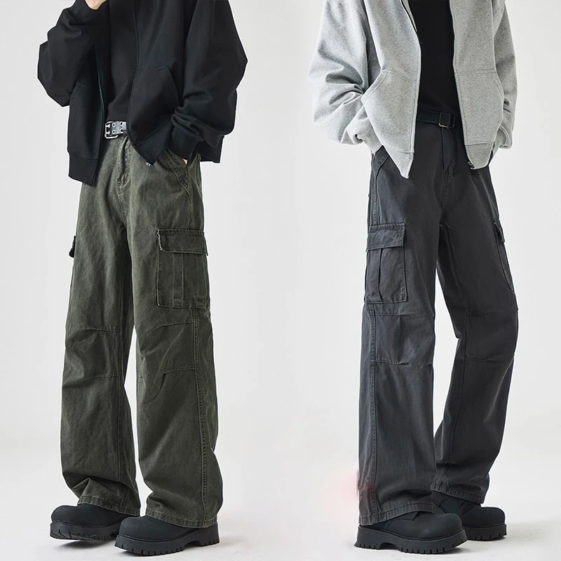 美式复古水洗工装裤男潮牌宽松直筒阔腿休闲裤多口袋痞帅牛仔裤子