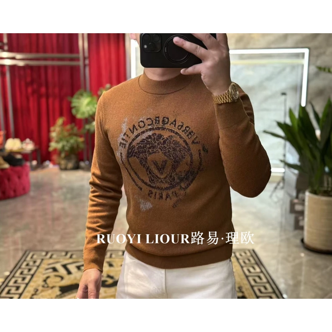 【路易理欧】欧货重工烫钻天鹅绒羊毛混纺男士毛衣保暖长袖针织0782