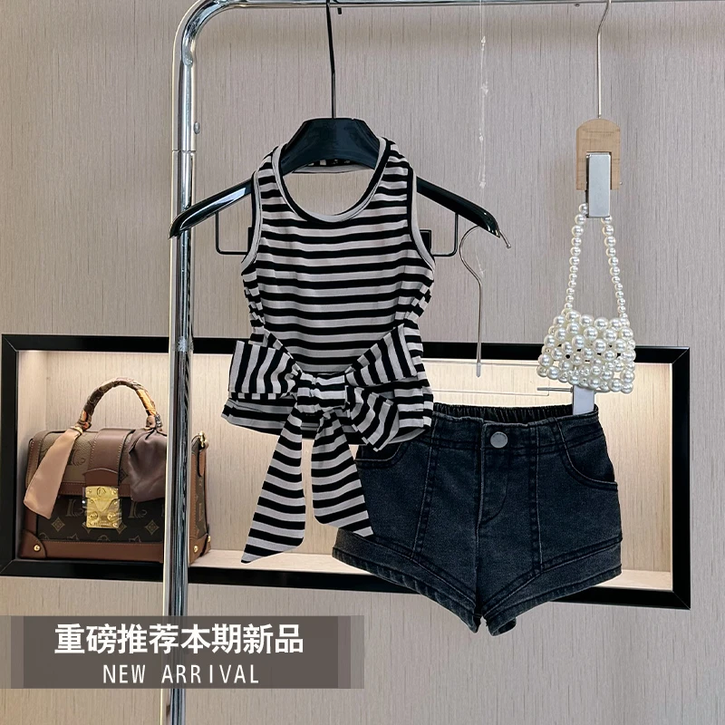 【现货】女童夏季套装2025新款夏装女孩时尚夏款儿童牛仔短裤两件套